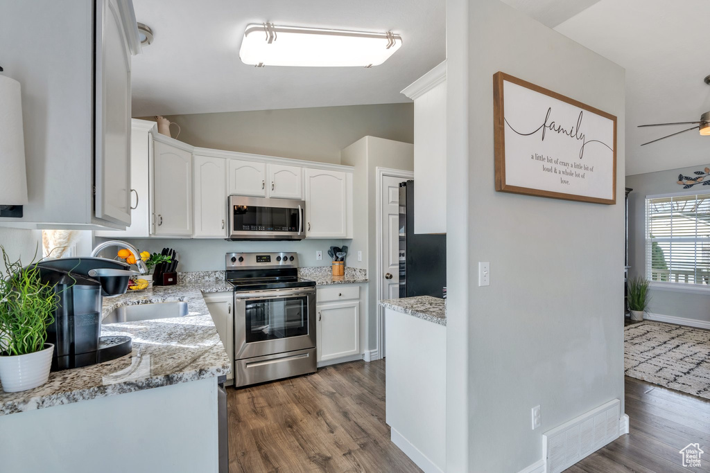 Kitchen featuring lofted ceiling, dark wood-type flooring, a sink, white cabinetry, and appliances with stainless steel finishes