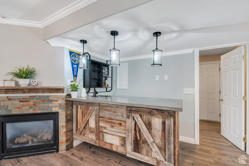 Kitchen featuring a sink, ornamental molding, pendant lighting, and wood finished floors