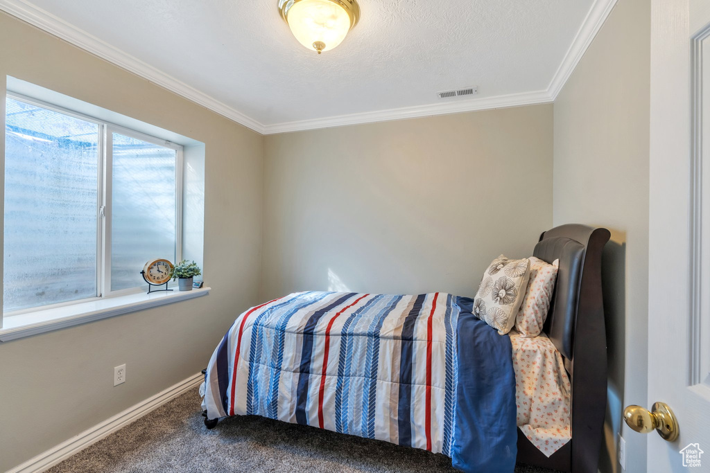 Carpeted bedroom with visible vents, crown molding, and baseboards