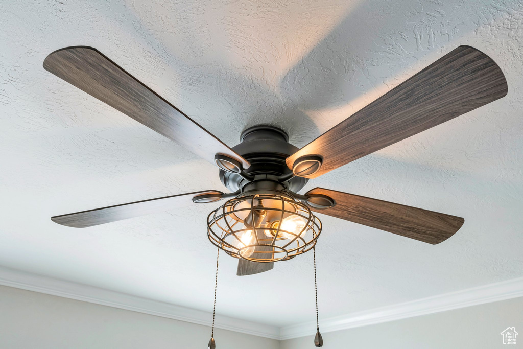 Details featuring ceiling fan and ornamental molding