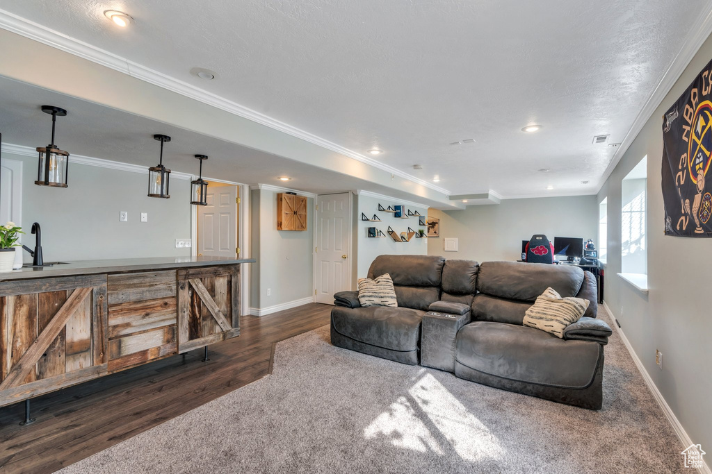 Living room featuring dark wood-type flooring, crown molding, and baseboards
