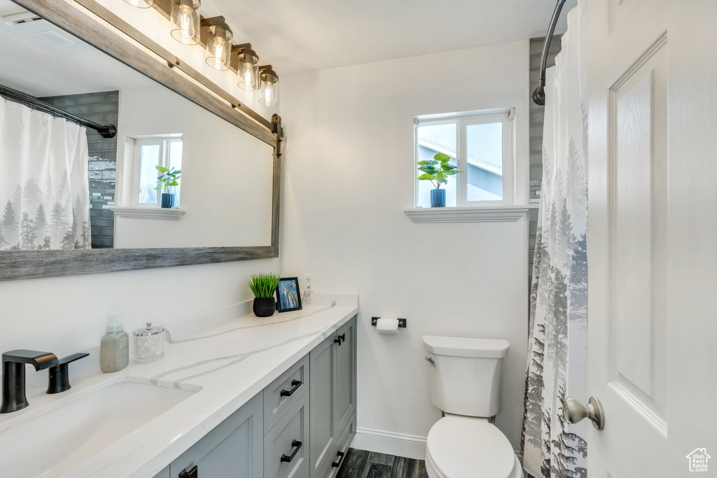 Bathroom featuring baseboards, plenty of natural light, vanity, and toilet