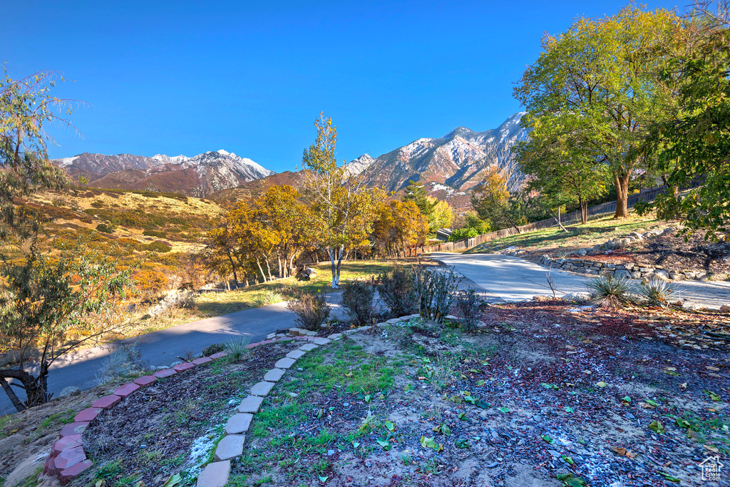 View of yard with a mountain view and fence