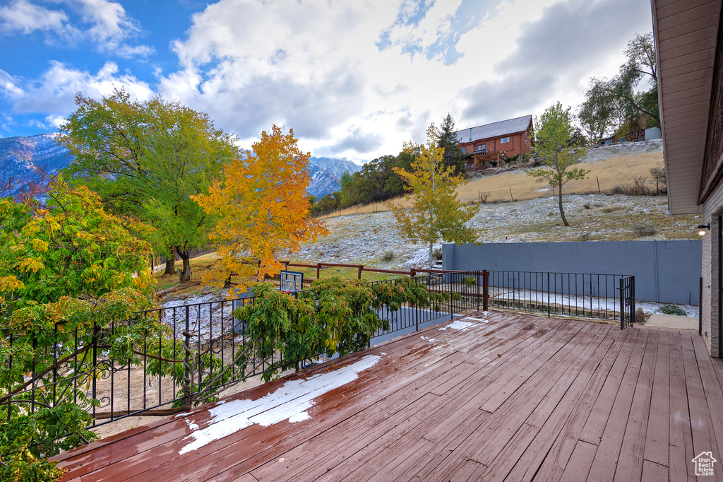 Deck with a water and mountain view