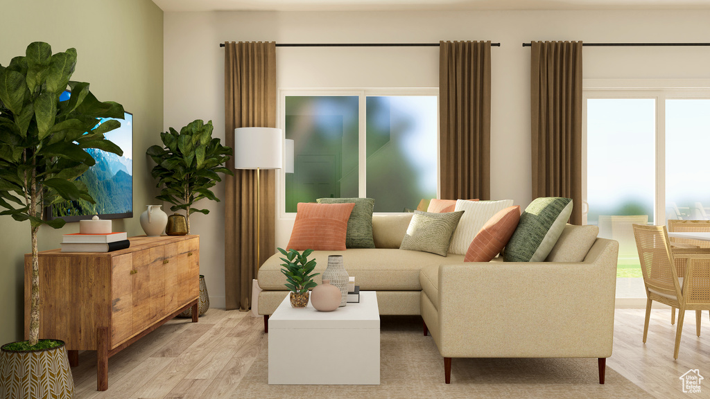 Living area with light wood-style floors