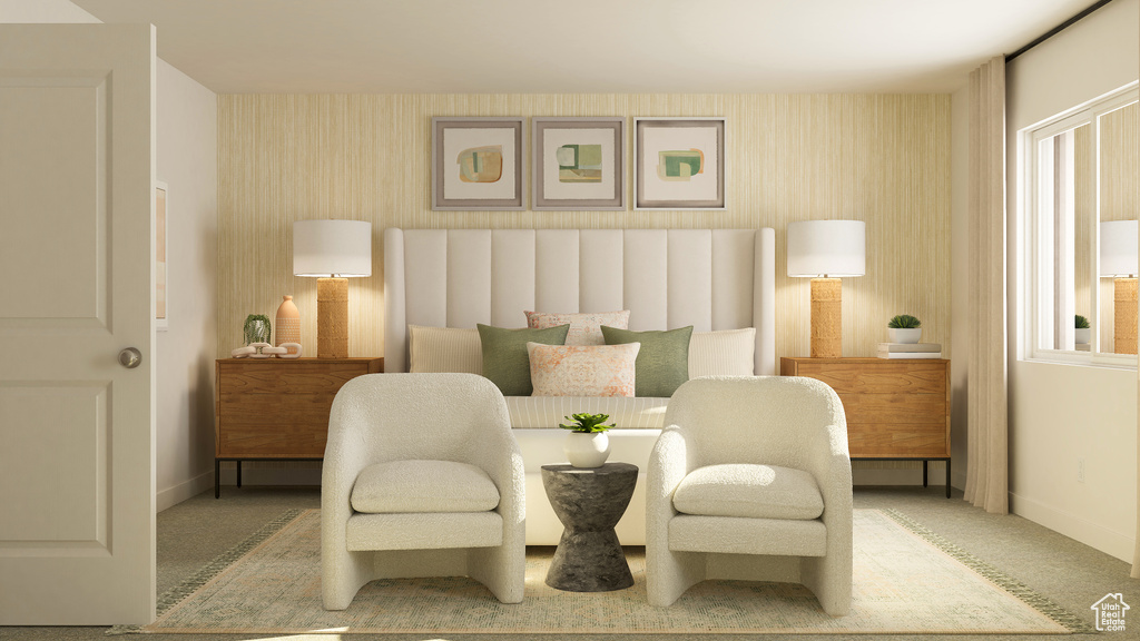 Bedroom with carpet flooring, baseboards, and wallpapered walls