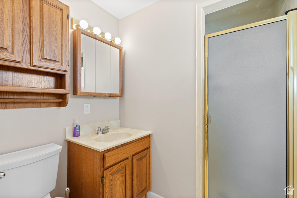 Bathroom featuring toilet, a shower stall, and vanity