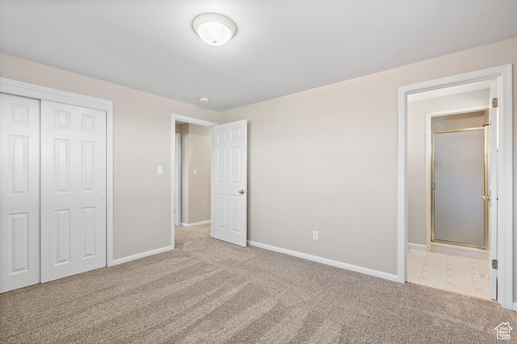 Unfurnished bedroom featuring carpet floors, a closet, and baseboards