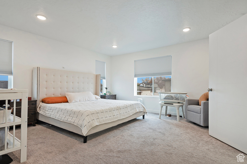 Bedroom featuring carpet, baseboards, a textured ceiling, and recessed lighting