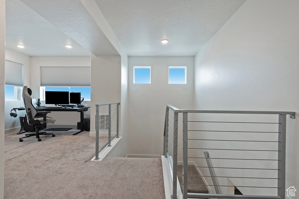 Office space with carpet, baseboards, and a textured ceiling