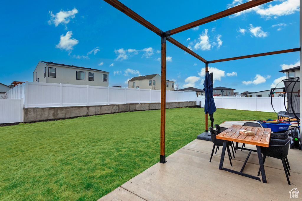 View of yard with a residential view, a fenced backyard, and a patio