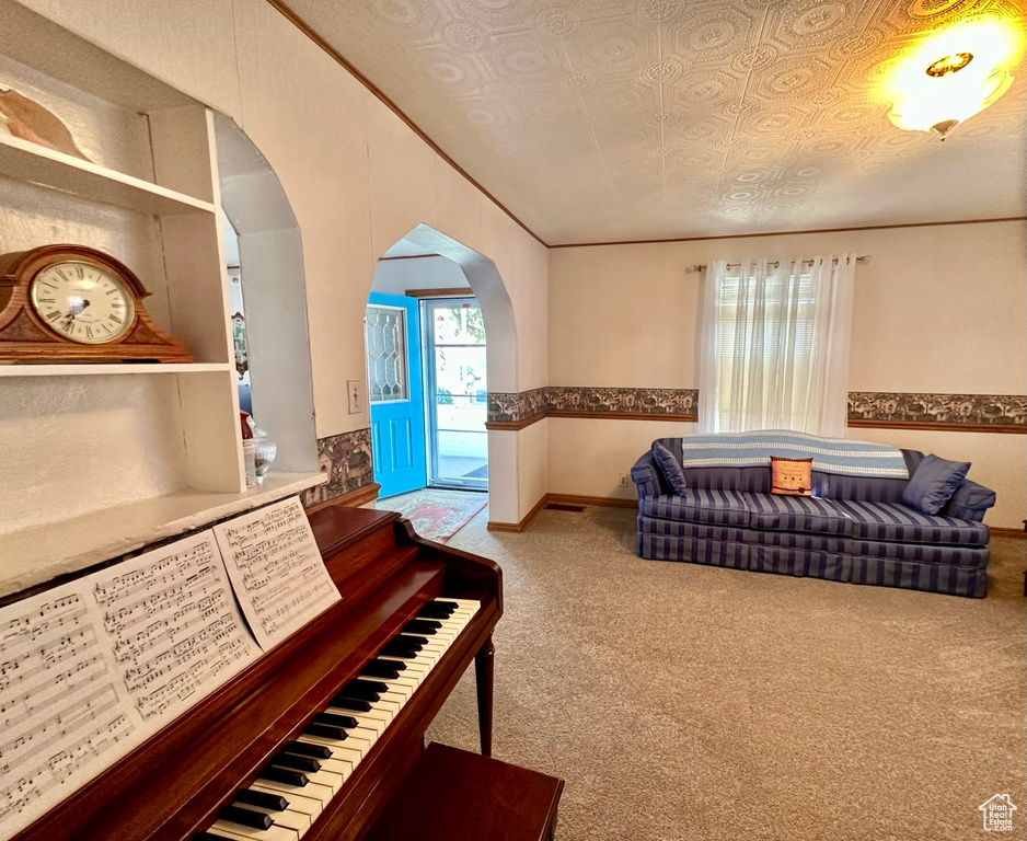 Carpeted living room with crown molding and baseboards