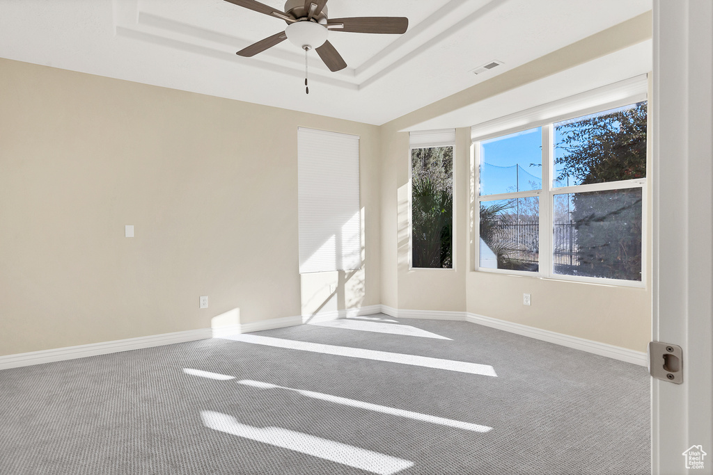 Spare room with carpet, a raised ceiling, visible vents, and baseboards