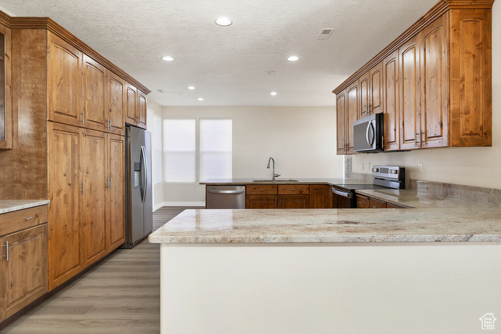 Kitchen featuring stainless steel appliances, recessed lighting, a sink, light wood-type flooring, and a peninsula