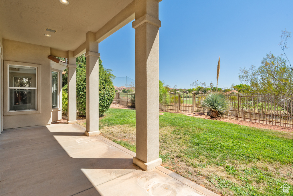 View of yard with a patio and a fenced backyard