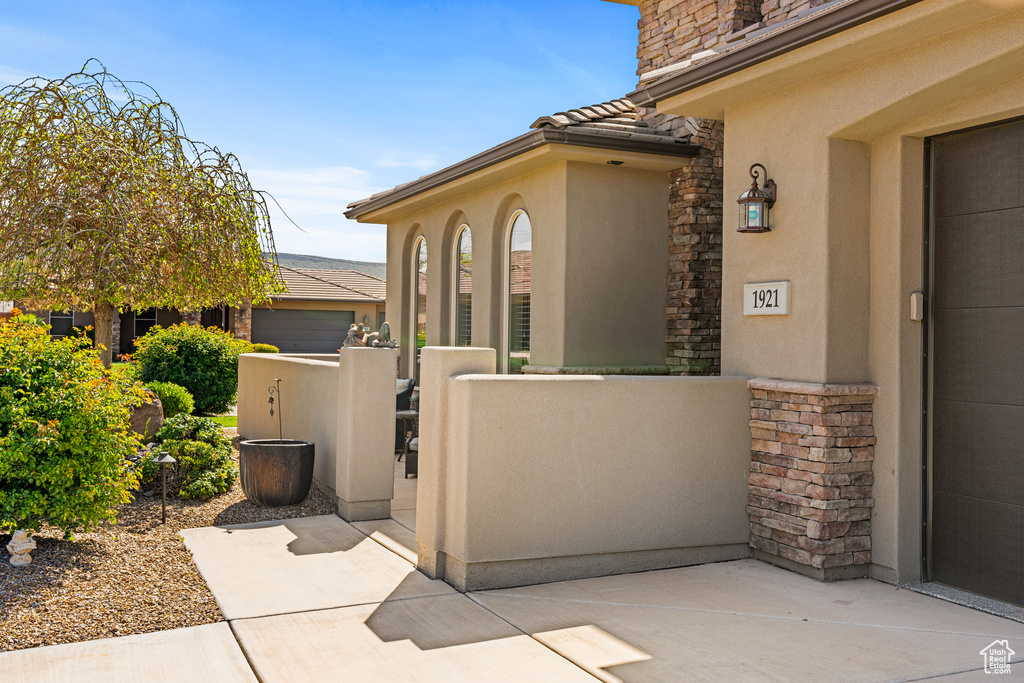 Exterior space with stucco siding