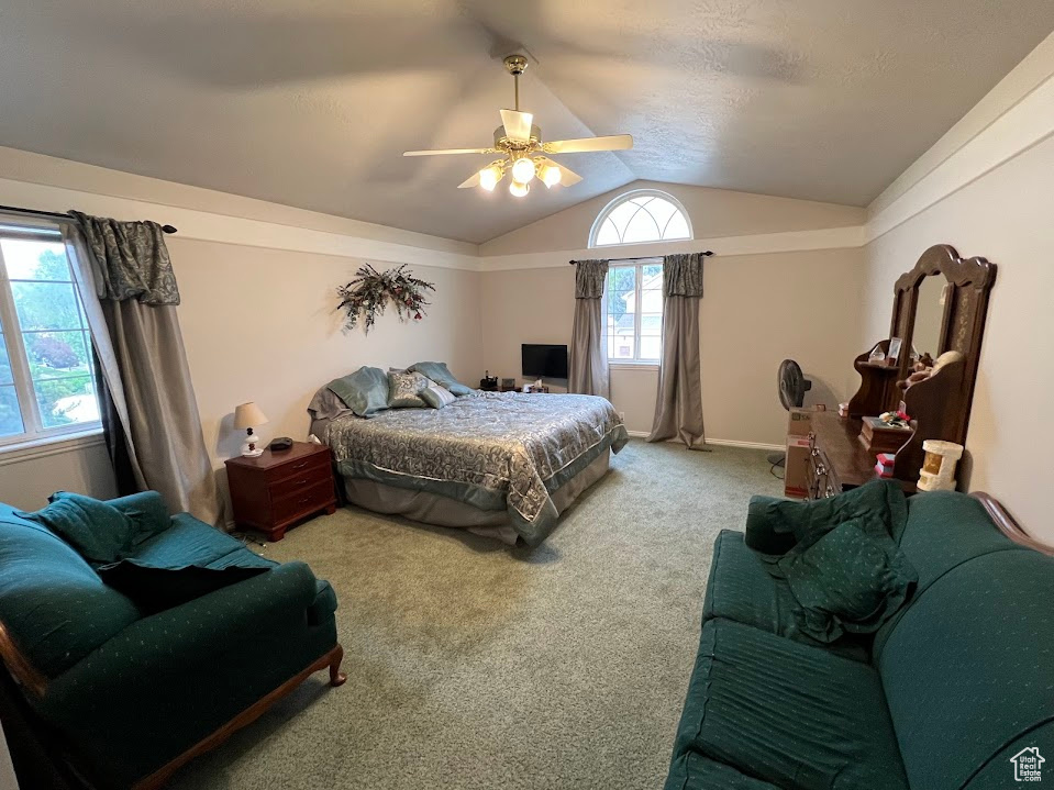 Carpeted bedroom featuring lofted ceiling and a ceiling fan