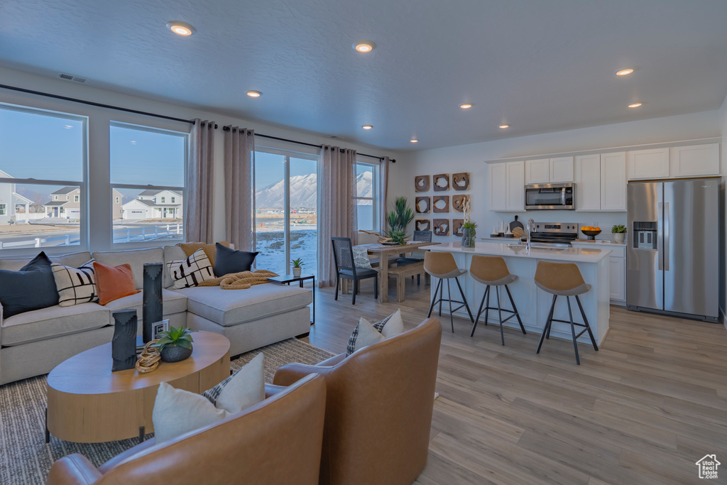 Living area featuring recessed lighting, visible vents, and light wood-style flooring