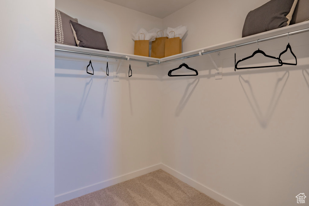 Walk in closet featuring light carpet