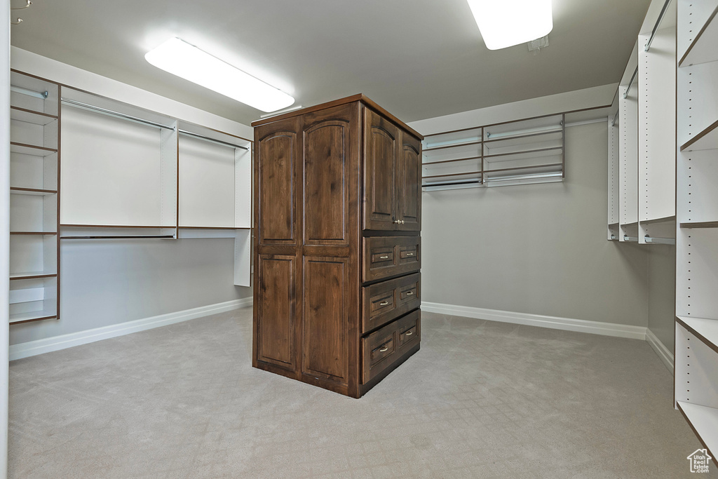 Walk in closet featuring light carpet