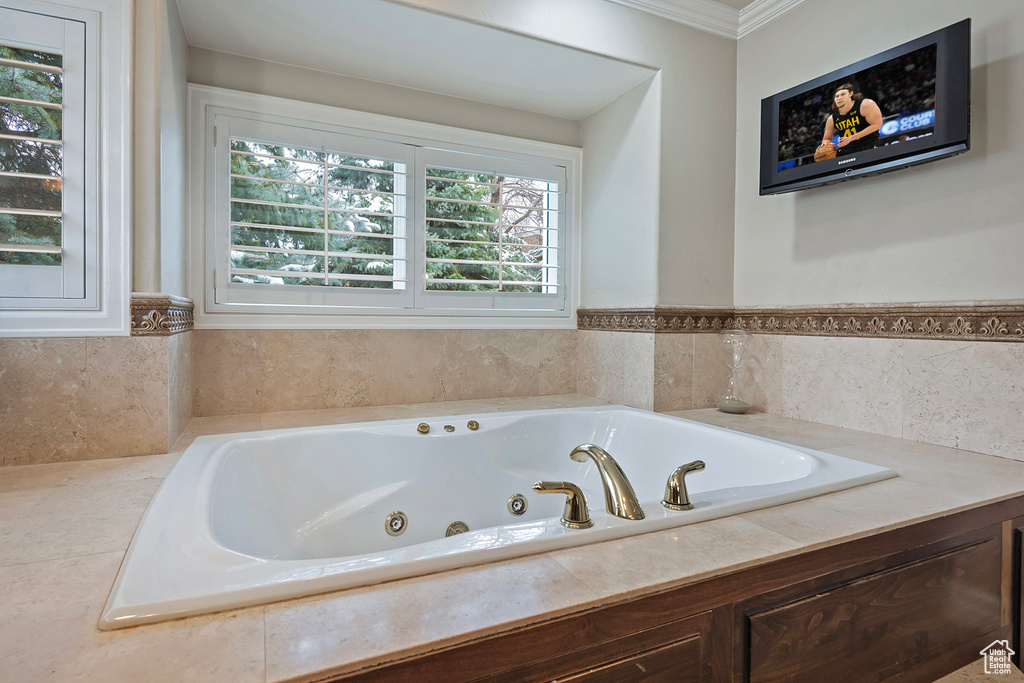 Bathroom with ornamental molding and a tub with jets