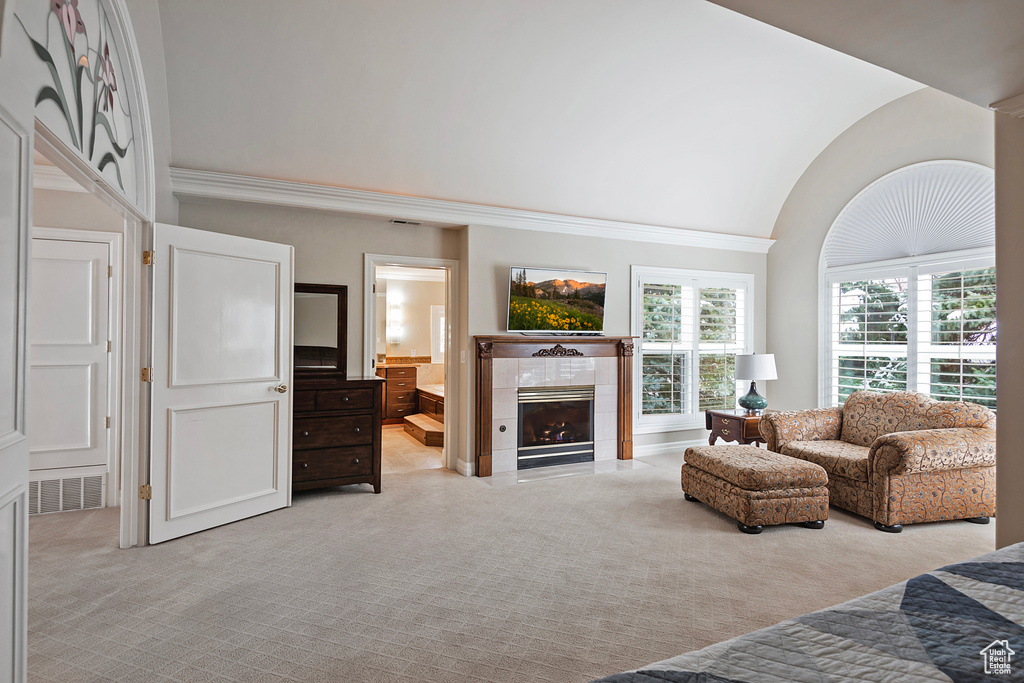 Living room with vaulted ceiling, visible vents, a fireplace, and carpet flooring