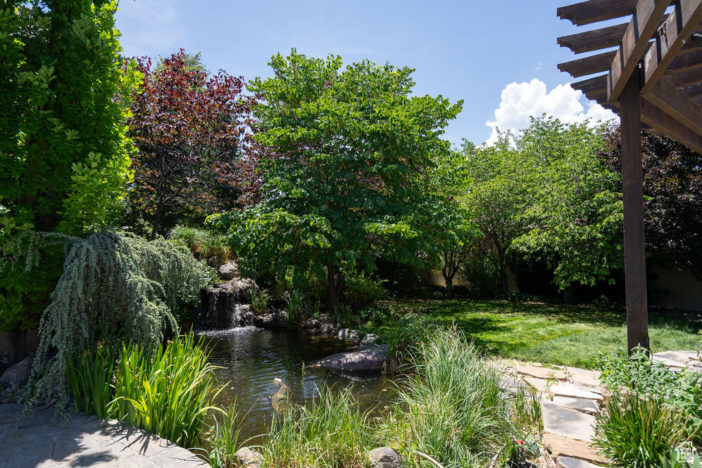 View of grassy yard featuring a small pond and a pergola
