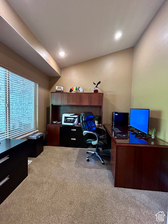 Office featuring recessed lighting and carpet