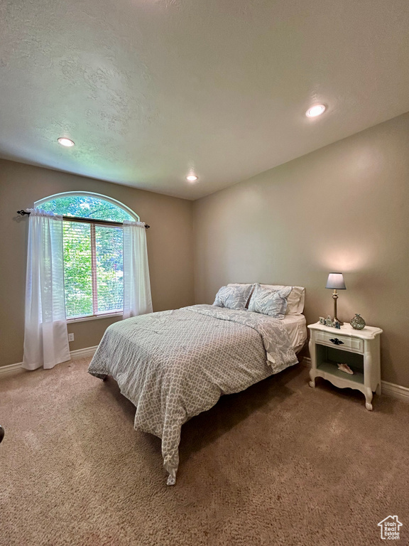 Carpeted bedroom featuring recessed lighting and baseboards