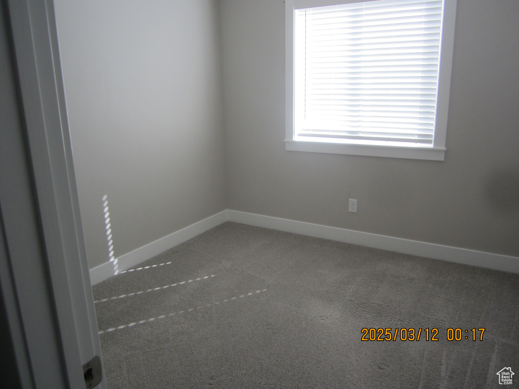 Unfurnished room with carpet flooring and baseboards