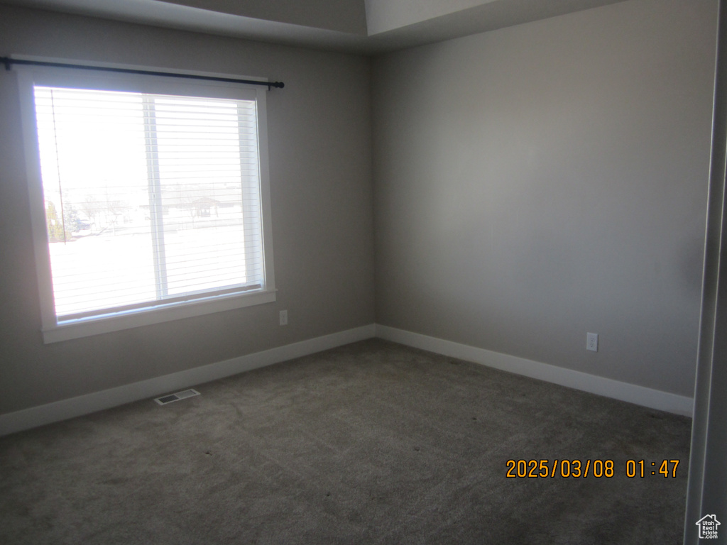Empty room with carpet floors, visible vents, and baseboards