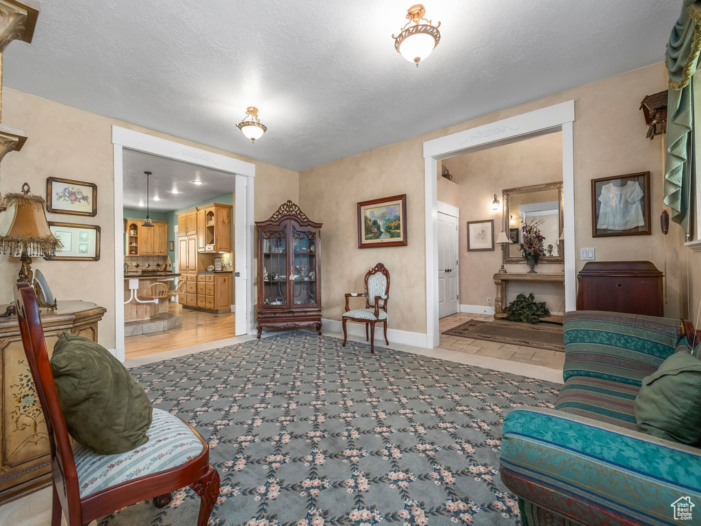 Living room featuring baseboards and a textured ceiling
