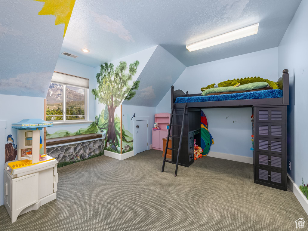 Carpeted bedroom with vaulted ceiling, a textured ceiling, and baseboards