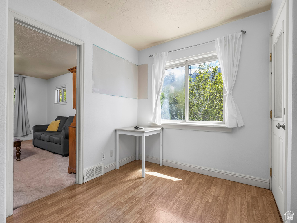 Unfurnished office featuring light wood-style flooring, healthy amount of natural light, baseboards, and a textured ceiling