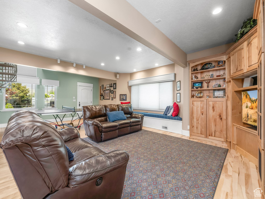 Living room with recessed lighting, a textured ceiling, light wood finished floors, plenty of natural light, and baseboards