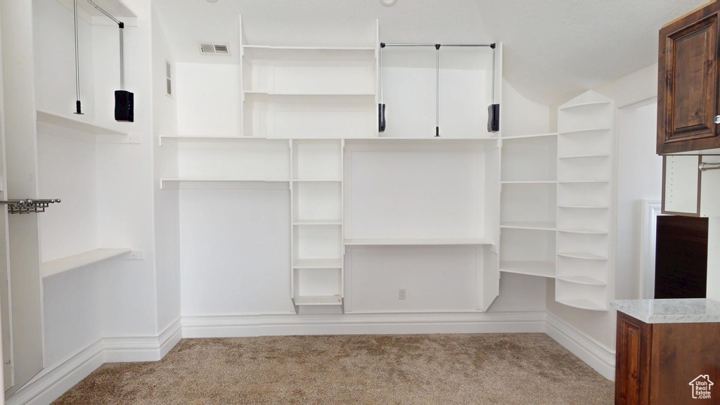 Spacious closet featuring carpet flooring and visible vents