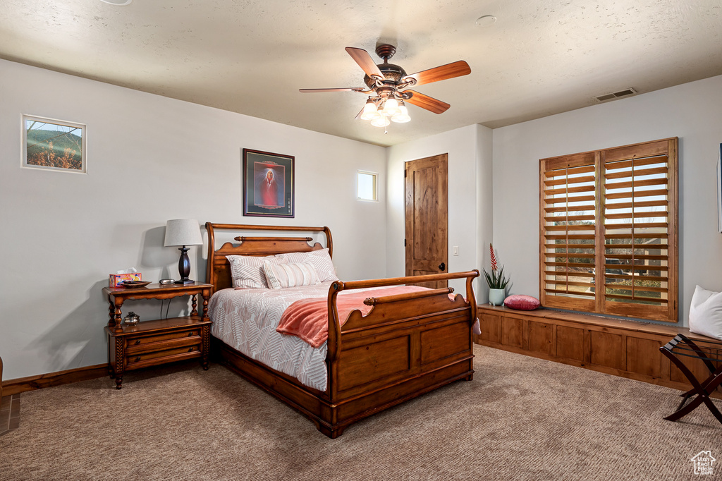 Bedroom featuring carpet floors, visible vents, and multiple windows