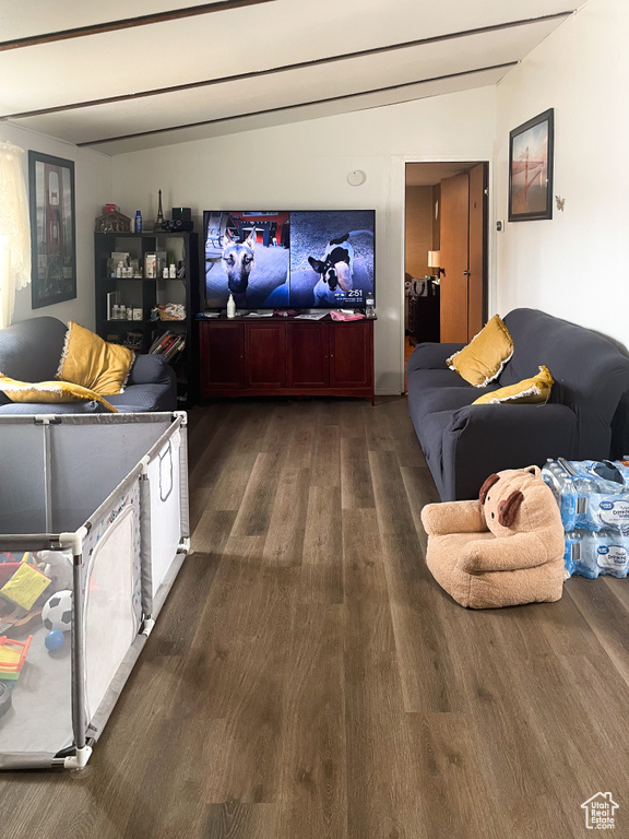 Home theater room with wood finished floors