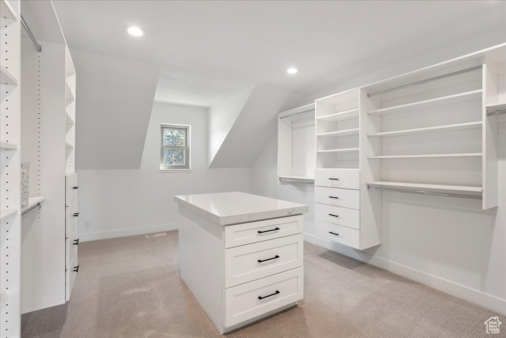 Spacious closet featuring light colored carpet