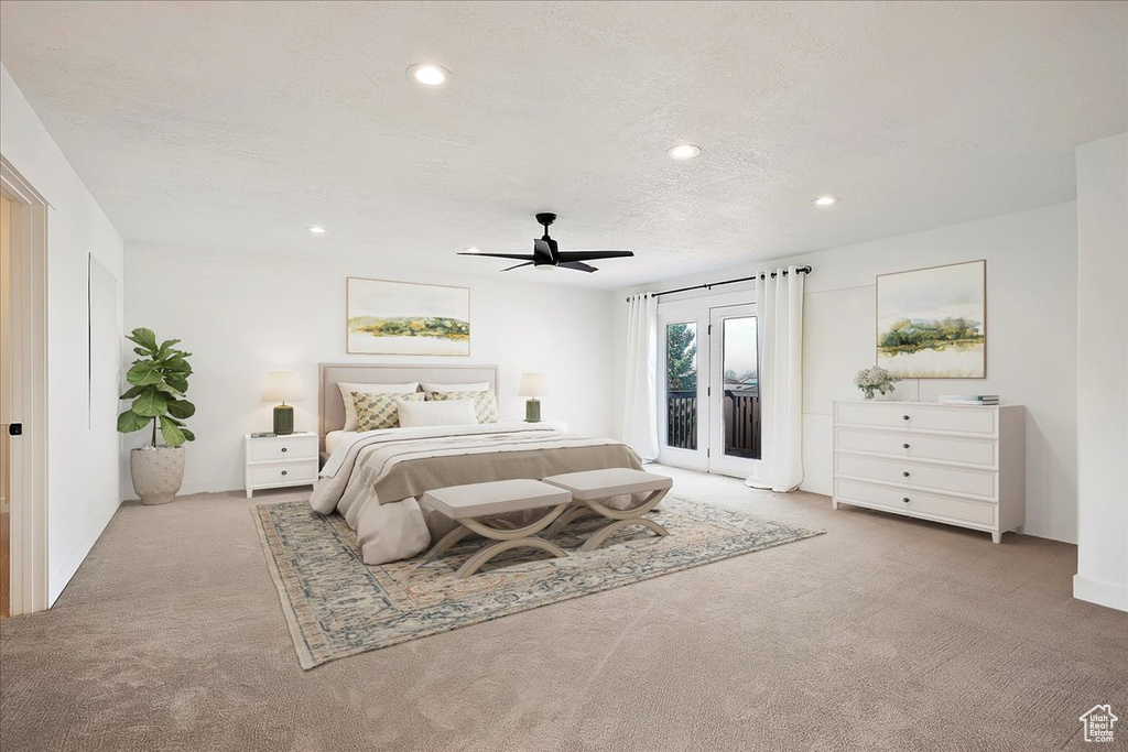 Bedroom with a textured ceiling, ceiling fan, access to outside, carpet flooring, and recessed lighting