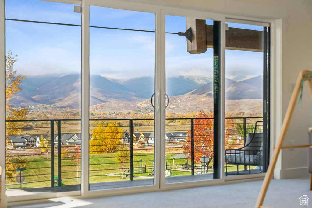 Entryway with a mountain view