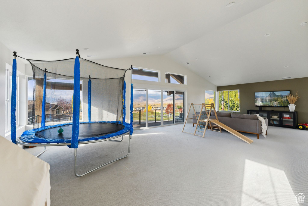 Interior space featuring high vaulted ceiling and carpet flooring