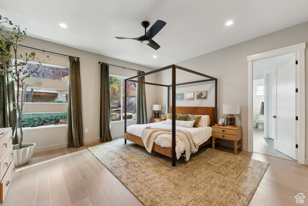 Bedroom with recessed lighting, baseboards, ceiling fan, and light wood finished floors