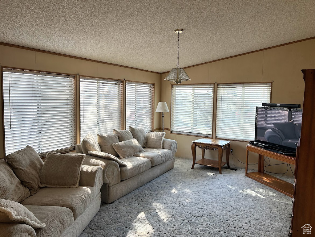 Living room with vaulted ceiling, ornamental molding, a textured ceiling, and carpet flooring