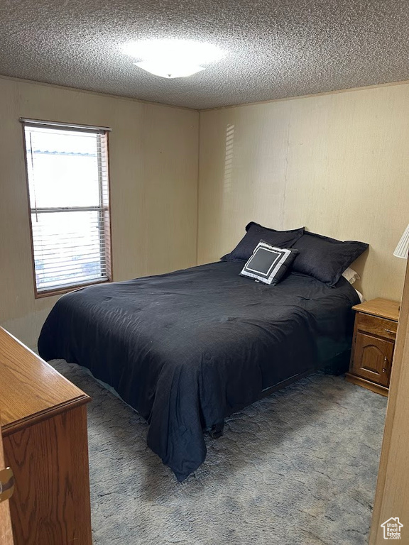 Carpeted bedroom featuring a textured ceiling