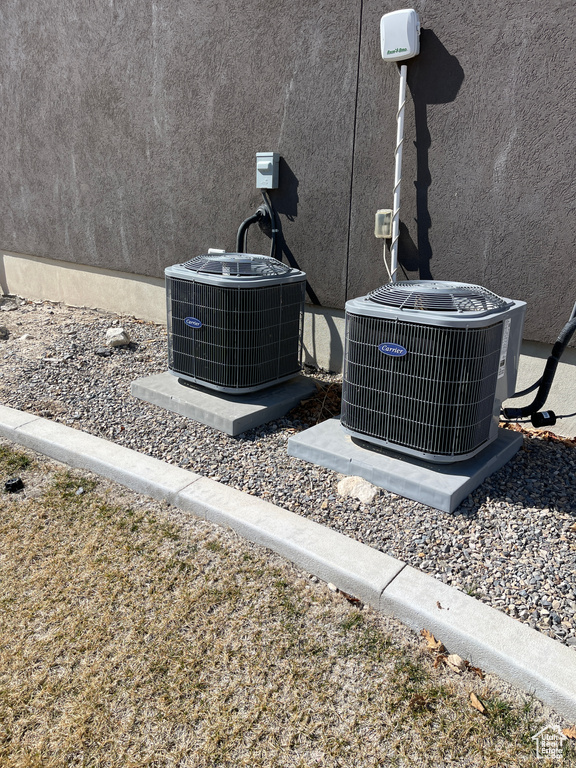 Exterior details with central air condition unit and stucco siding