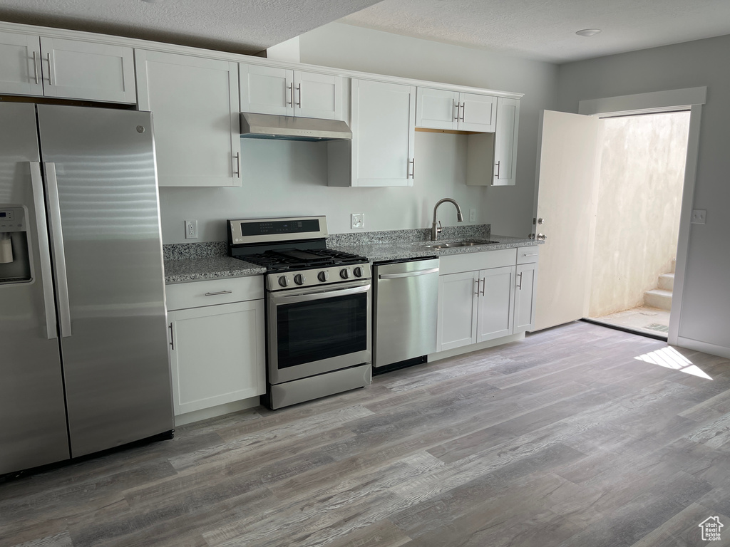 Kitchen featuring a sink, appliances with stainless steel finishes, white cabinetry, and under cabinet range hood