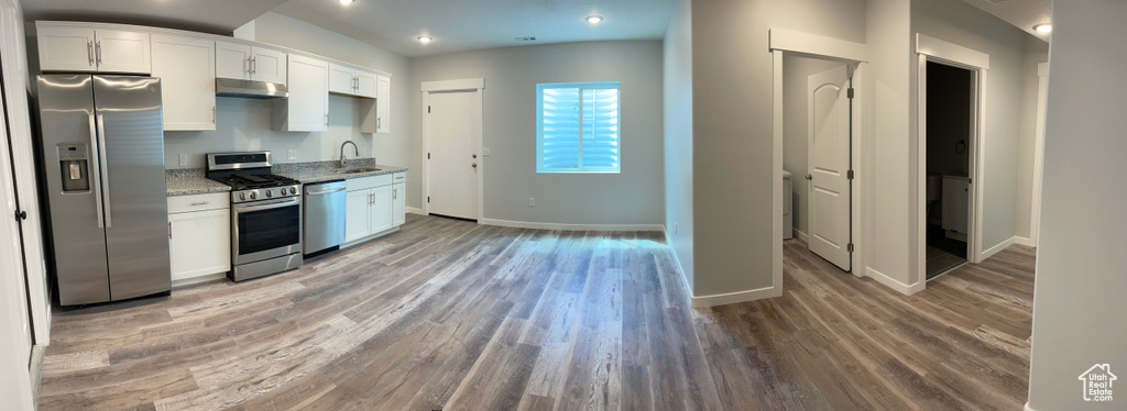 Kitchen with under cabinet range hood, light wood-style flooring, white cabinetry, and appliances with stainless steel finishes