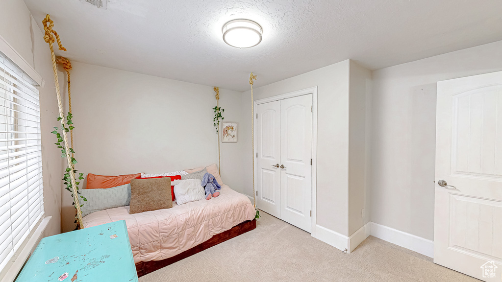 Bedroom with a closet, carpet flooring, multiple windows, and a textured ceiling