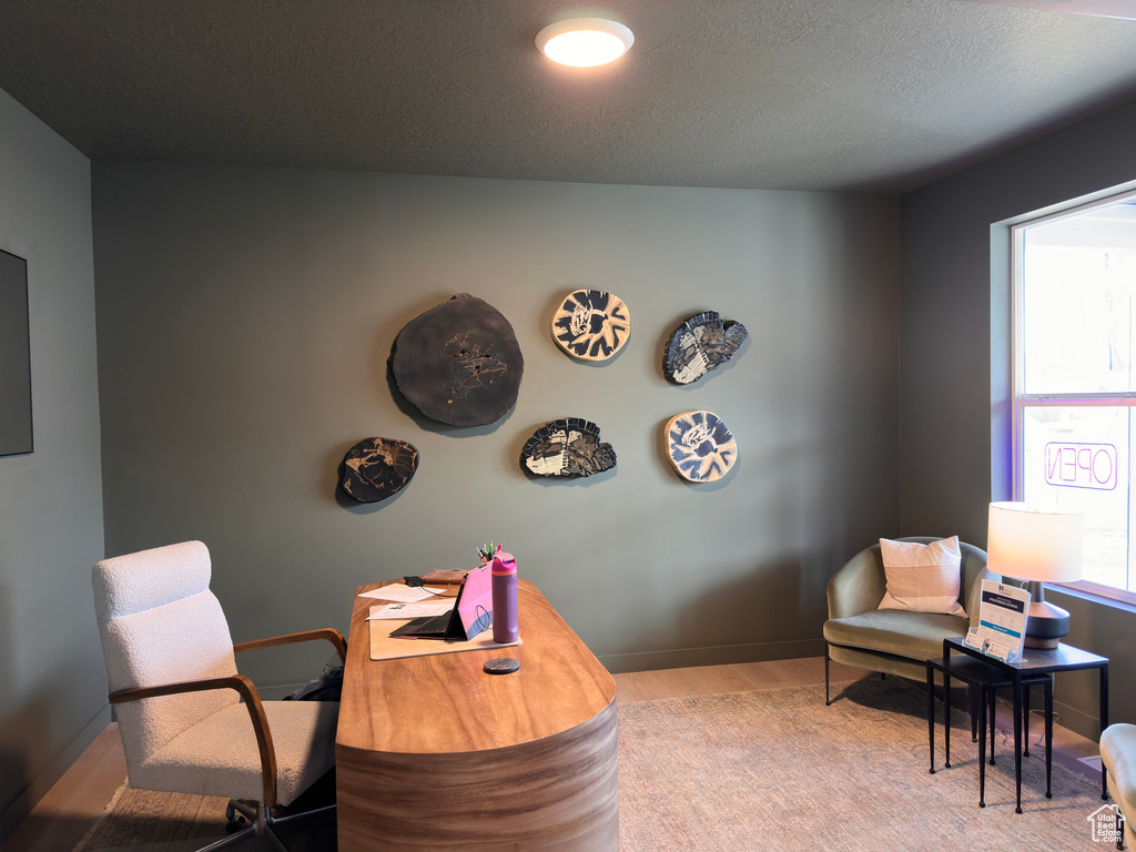 Office space featuring a textured ceiling, baseboards, and wood finished floors